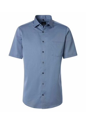 Herrenhemd mit kurzen Ärmeln, zum Knöpfen, einfarbig in Hellblau mit Brusttasche vorne und klassischem Kragen.