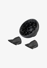 Diffuseur de cheveux en plastique noir de forme ronde, avec plusieurs buses en forme de doigts et deux buses coniques supplémentaires pour le coiffage.
