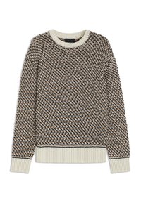 Suéter texturizado en marrón, negro y crema. Cuello redondo, puños y dobladillo acanalados. Patrón tejido con acentos de colores contrastantes.