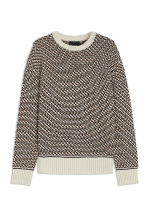 Sweter o fakturze w kolorach brązowym, czarnym i kremowym. Okrągły dekolt, ściągacze przy rękawach i u dołu. Wzór dzianinowy z akcentami kontrastowych kolorów.