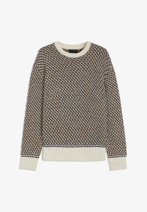 Pulover z teksturo v rjavi, črni in kremni barvi. Ovratnik v obliki kroga, re brasti manšeti in spodnji rob. Pleten vzorec s kontrastnimi barvnimi poudarki.