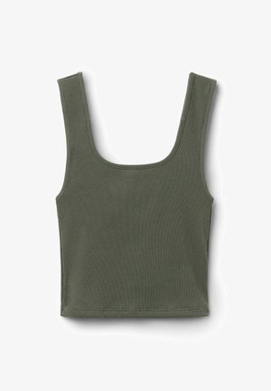 Débardeur côtelé vert olive avec un grand encolure ronde et des bretelles larges. Le matériau a une finition texturée, sans motifs ni matériel visible.