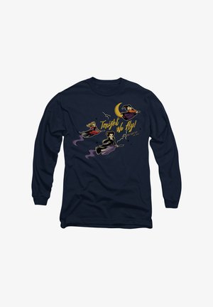 Long-sleeve navy shirt featuring cartoon witches flying on brooms against a crescent moon, with the text "Tonight We Fly!" in yellow.