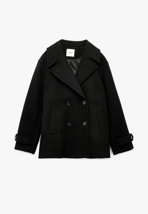 Zwarte dubbelknoopjas van een wolmix, met grote revers, twee voorzakken en knoopaccenten op de mouwen.