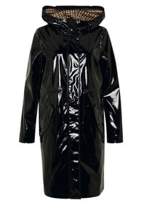 Mustakasta, kiiltävällä sadeviitalla, jossa on huppu, kiristettävä vyötärö ja kaksi sivutaskua. Vuorattu ruskea-beige ruudullinen kangas.