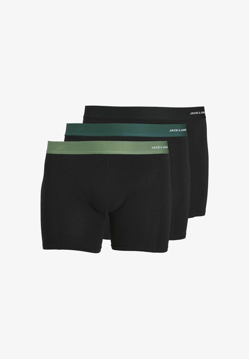 Black boxer shorts in a pack of three. Two feature dark green waistbands, one has a lighter green waistband with logo detail.