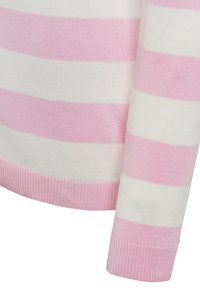 Pull rayé en tissu tricoté blanc et rose. Doté d'un poignet et d'un ourlet côtelés, avec des rayures horizontales alternant entre épaisses et fines.