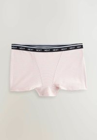 Men's boxer briefs in soft cotton with pink and white stripes. Black waistband features the brand name "NEXT" in white lettering.