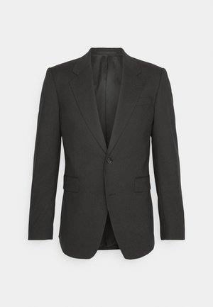 Schwarzer taillierter Blazer mit Reverskragen, einreihiger Knopfverschluss, zwei Vordertaschen und glattem Stoff. Keine sichtbaren Muster.