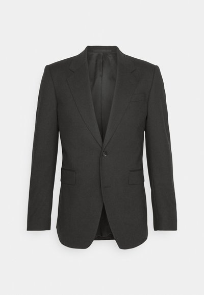 Fekete, szabott zakó, hegyes hajtókával, egygombos záródással, két elülső zsebbel és sima szövet textúrával. Nincsenek látható minták.