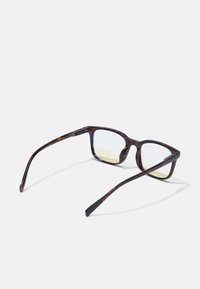 Gafas rectangulares de carey marrón con lentes claros y ligeramente tintados y brazos delgados. Presentan acentos metálicos en las bisagras.