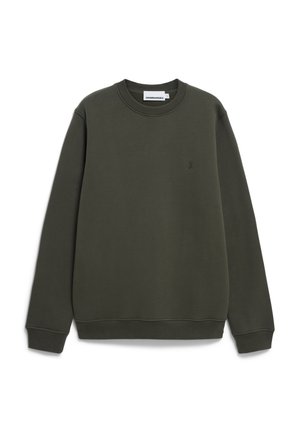 Sweat-shirt vert olive foncé en mélange de coton, avec un col rond, des manches longues, des poignets côtelés et un petit logo sur la poitrine.