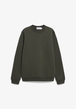 Donkergroene sweatshirt van een katoenmix, met ronde hals, lange mouwen, geribde manchetten en een klein logo op de borst.