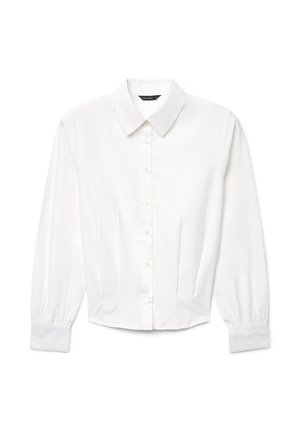 Camicia bianca a maniche lunghe con colletto appuntito, chiusura frontale con bottoni e polsini arricciati. Realizzata in tessuto liscio con una vestibilità sagomata.