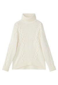 Sweter z golfem w kolorze kremowym, z prążkowanym dołem, akcentami warkoczowymi wzdłuż rękawów oraz teksturowanym wzorem dzianiny na całej powierzchni.