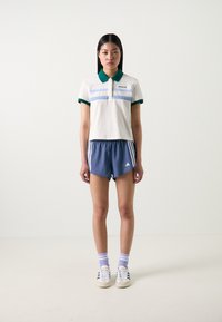 Camisola polo em creme com riscas verdes e azuis, combinada com calções azul-marinho com riscas brancas. Ténis brancos e meias roxas.