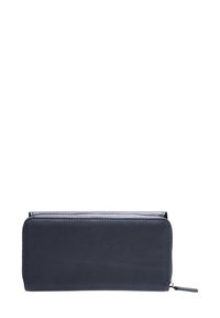 Dunkelgraue Lederbrieftasche mit strukturiertem Finish, ausgestattet mit einem Reißverschluss und rechteckiger Form. Einfaches, funktionales Design ohne sichtbare Hardware.