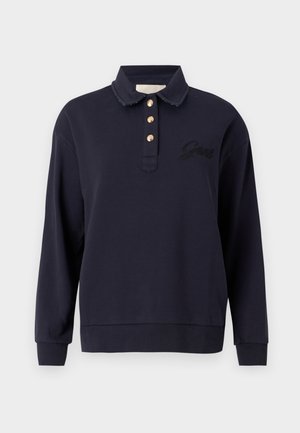 Sudadera navy con cuello de polo, tres botones dorados y logotipo de la marca bordado. Mangas largas con puños y dobladillo acanalados. Textura suave.