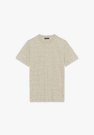 Tricou din bumbac culoare bej deschis, cu mâneci scurte și decolteu rotund, având o textură subtilă melanj, așezat plat pe un fundal alb.