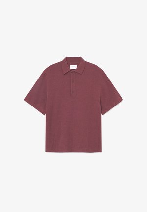 Korte mouwen, bordeaux kleuren polo shirt gemaakt van een gebreide stof met een traditionele kraag en een drieknopenlijst.