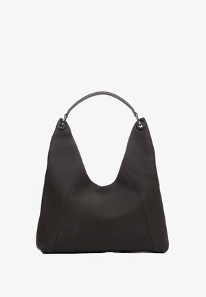 Schwarze Leder-Hobo-Tasche mit einem einzelnen Griff, weicher Textur und minimalen Nahtdetails, entworfen zum Tragen über der Schulter.