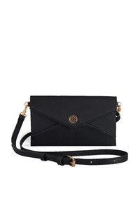 Black crossbody bag with an envelope-style flap, gold logo, and adjustable strap. Sleek design suitable for casual or formal occasions.