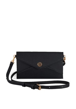 Black crossbody bag with an envelope-style flap, gold logo, and adjustable strap. Sleek design suitable for casual or formal occasions.
