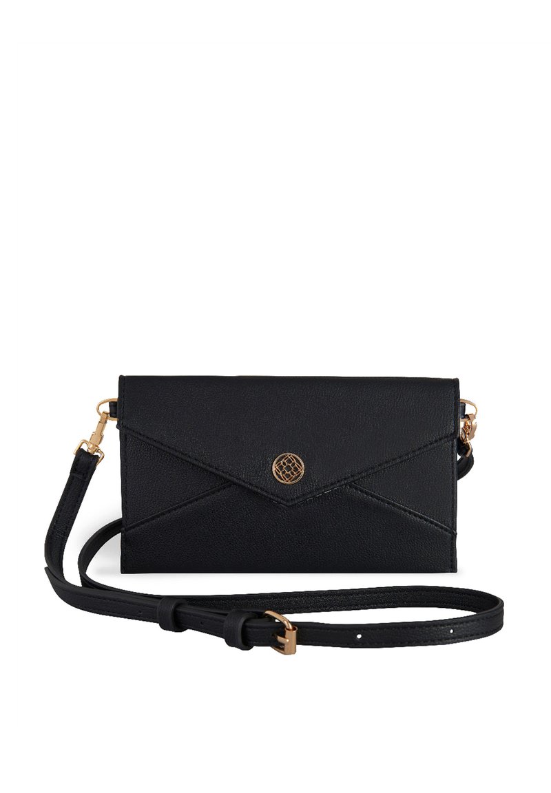 Black crossbody bag with an envelope-style flap, gold logo, and adjustable strap. Sleek design suitable for casual or formal occasions.