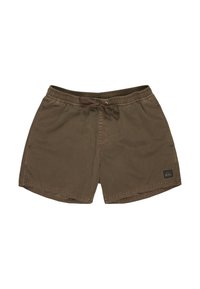 Hnědé plavky s elastickým pasem, nastavitelnou šňůrkou a bočními kapsami. Na levé noze je logo nášivka.