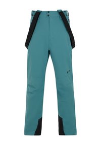 Pantalones de senderismo en color azul verdoso con acentos negros, tirantes ajustables y tela resistente al agua, que cuentan con bolsillos laterales y un corte recto.