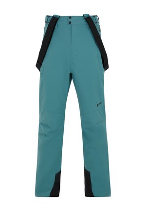 Teal hiking pants with black accents, adjustable straps, and a water-resistant fabric, featuring side pockets and a straight-leg cut.