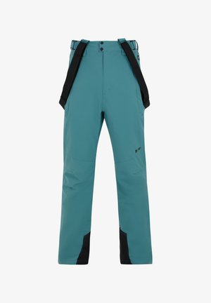 Pantalones de senderismo en color azul verdoso con acentos negros, tirantes ajustables y tela resistente al agua, que cuentan con bolsillos laterales y un corte recto.