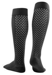 Zwarte kniehoge sokken met een patroon van kleine witte kruisen, voorzien van een ribgebreide boorden en een gladde textuur.