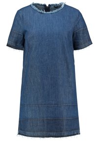 robe en denim avec un col rond, des manches courtes, des bords effilochés et une coupe décontractée. Présente des coutures visibles et une texture denim décontractée.