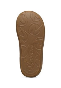 Hnědá gumová podrážka boty s texturovaným vzorem, obsahující logo a kruhový design. Okraj je mírně vyvýšený, což naznačuje odolnost.