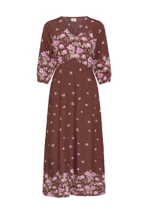 Vestito midi marrone con stampa floreale rosa, scollatura a V e maniche 3/4 a sbuffo, con motivi floreali più densi sul busto e sull'orlo.