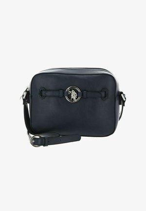 Sac bandoulière en cuir marine de forme rectangulaire, avec quincaillerie argentée, détail du logo, et une sangle réglable pour un port polyvalent.