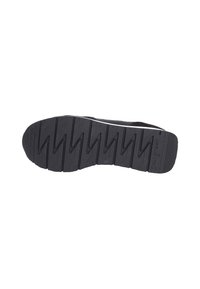 Sole di scarpa in gomma nera con un motivo a zigzag, logo impresso, superficie testurizzata e una leggera curvatura nella sezione delle punte per il comfort.