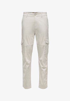 Light beige cargo pants made from cotton blend. Features side pockets, button closure, and a straight-leg design. Smooth texture.