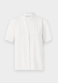 Witte blouse met korte mouwen en een mandarin kraag, voorzien van verticale plooidetails en een knoopsluiting aan de voorkant. Lichtgewicht stof.