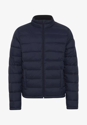 Navyblauer Puffer-Jacke mit horizontalen Nähten, hohem Kragen und frontale Reißverschluss. Verfügt über elastische Bündchen und eine weiche, glatte Textur.