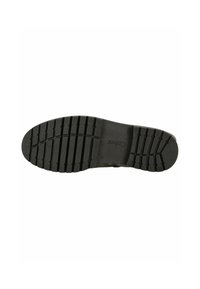 Semelle de chaussure noire en caoutchouc avec un motif de semelle texturé ; présente des rainures pour l'adhérence et un design de bout arrondi. Nom de la marque "Geox" visible.