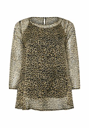 Top trasparente con stampa leopardata in beige e nero, collo rotondo, maniche a tre quarti e dettaglio a oblò sulla schiena.