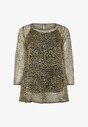 Top trasparente con stampa leopardata in beige e nero, collo rotondo, maniche a tre quarti e dettaglio a oblò sulla schiena.