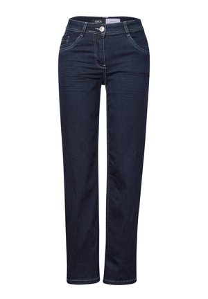 Mørkeblå denim jeans med lige ben, synlige sømme, forlommer og knaplukning ved taljen.