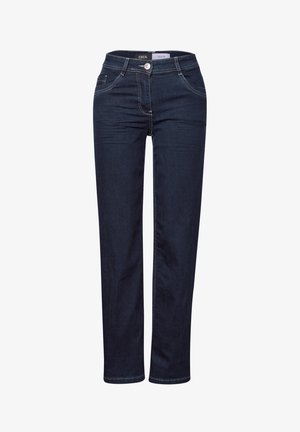 Dunkelblaue Jeans aus Denim mit geradem Bein, sichtbaren Nähten, Vordertaschen und einem Knopfverschluss an der Taille.