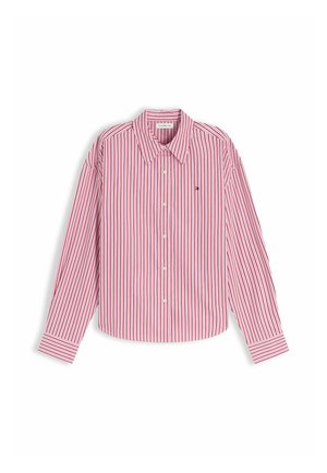 Camicia a maniche lunghe con bottoni, righe verticali rosse e bianche, colletto appuntito e piccolo logo ricamato sul petto.
