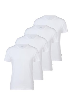 Cztery proste, białe koszulki z krótkim rękawem i okrągłym dekoltem, ułożone w przesuniętej linii, pokazujące widok z przodu oraz etykiety w rozmiarze średnim.