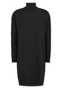 Abito nero a dolcevita realizzato in morbido tessuto a maglia, con maniche lunghe e orlo a coste. Silhouette semplice e dritta, senza fantasie.
