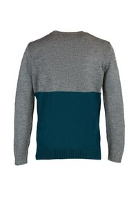 Grijze en teal gebreide trui met een ronde halslijn, voorzien van lange mouwen en een geribbelde zoom, die een kleurblokontwerp laat zien.
